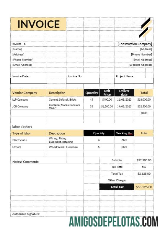 em branco Modelo de fatura de estimativa de construção